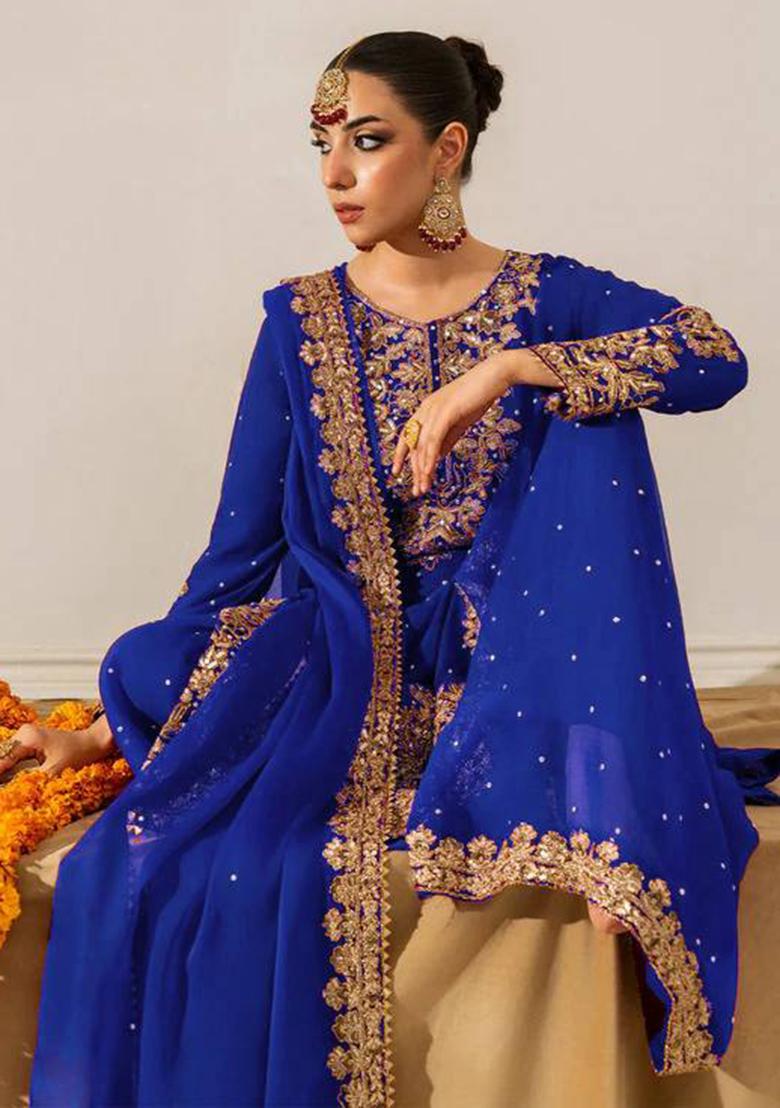Blue Sequence Georgette Plazzo Set - Indya