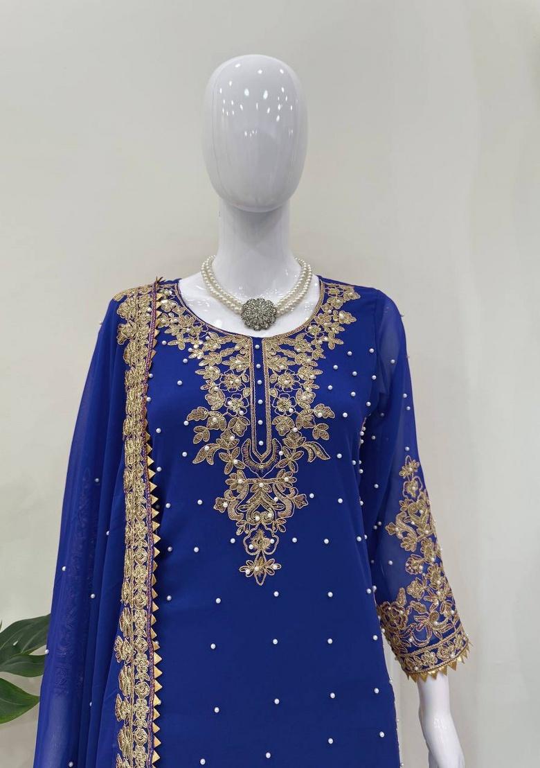 Blue Sequence Georgette Plazzo Set - Indya