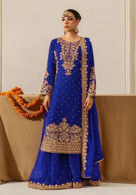 Blue Sequence Georgette Plazzo Set