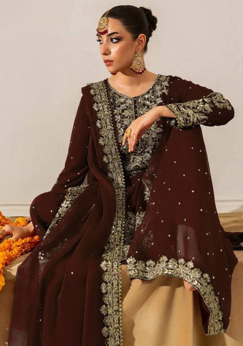 Coffee Sequence Georgette Plazzo Set - Indya