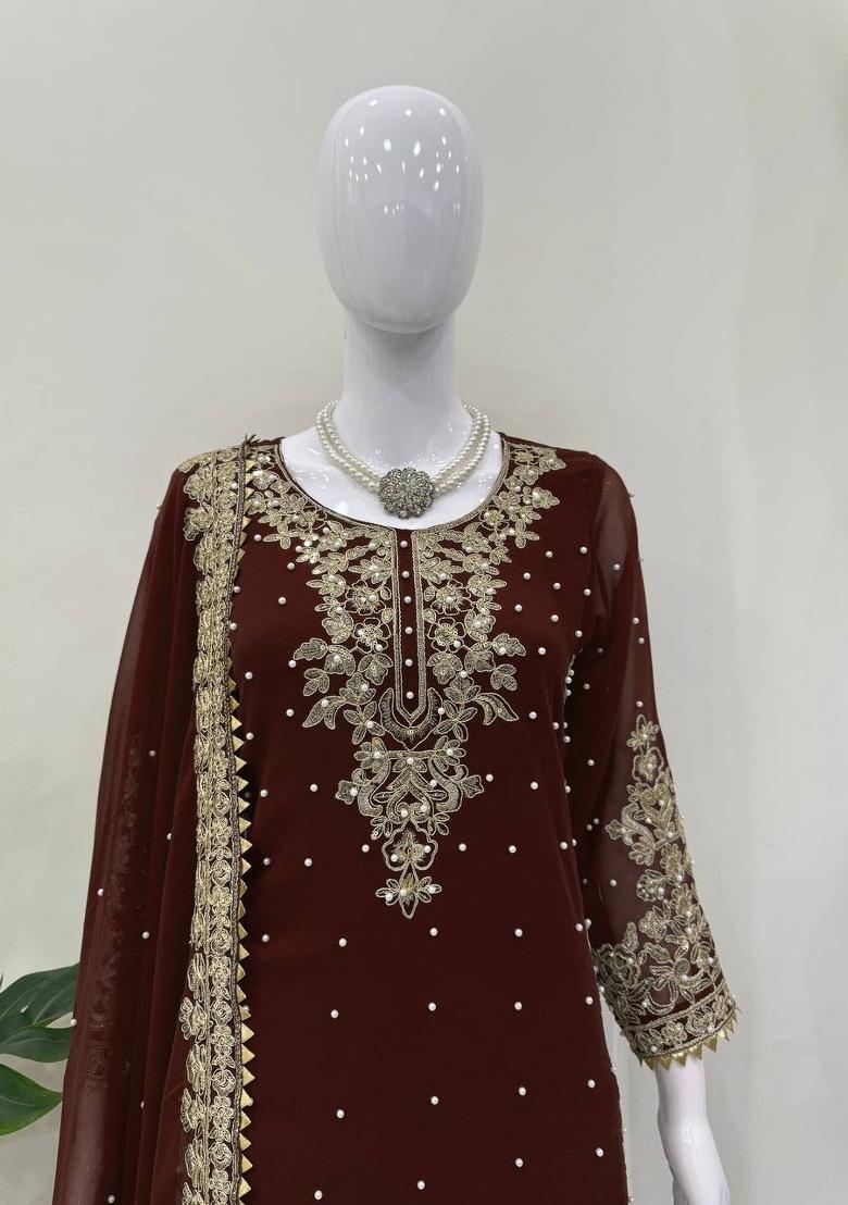 Coffee Sequence Georgette Plazzo Set - Indya