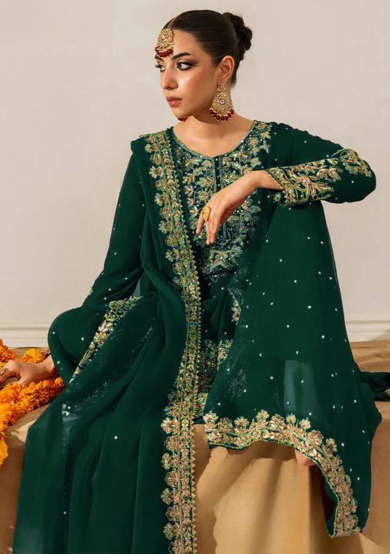 Green Sequence Georgette Plazzo Set - Indya