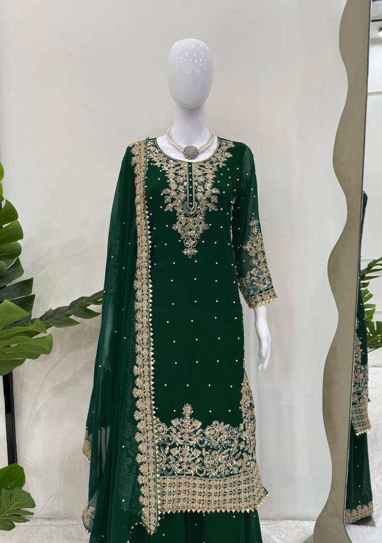 Green Sequence Georgette Plazzo Set - Indya