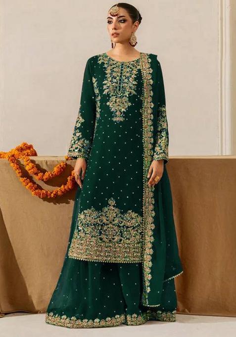 Green Sequence Georgette Plazzo Set