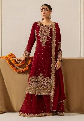 Maroon Sequence Georgette Plazzo Set