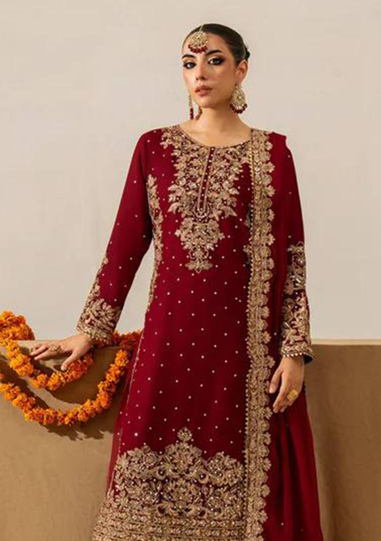 Maroon Sequence Georgette Plazzo Set - Indya