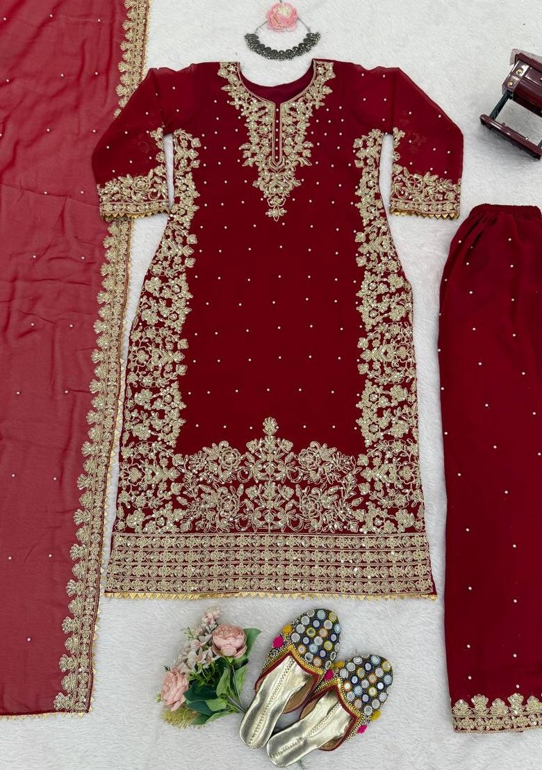 Maroon Sequence Georgette Plazzo Set - Indya
