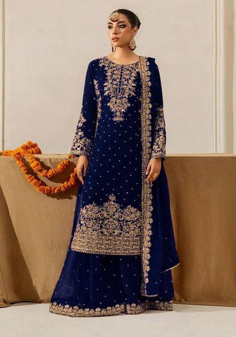 Navy Blue Sequence Georgette Plazzo Set
