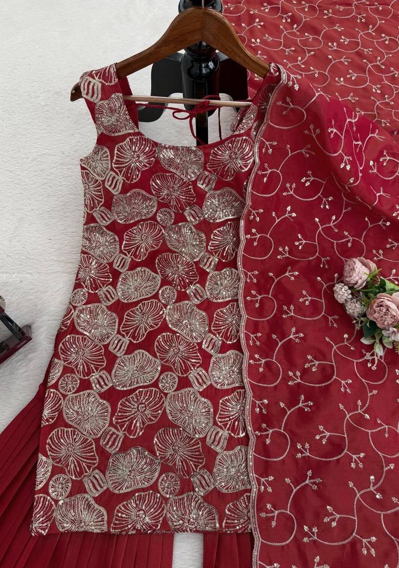 Maroon Sequence Silk Sharara Set - Indya