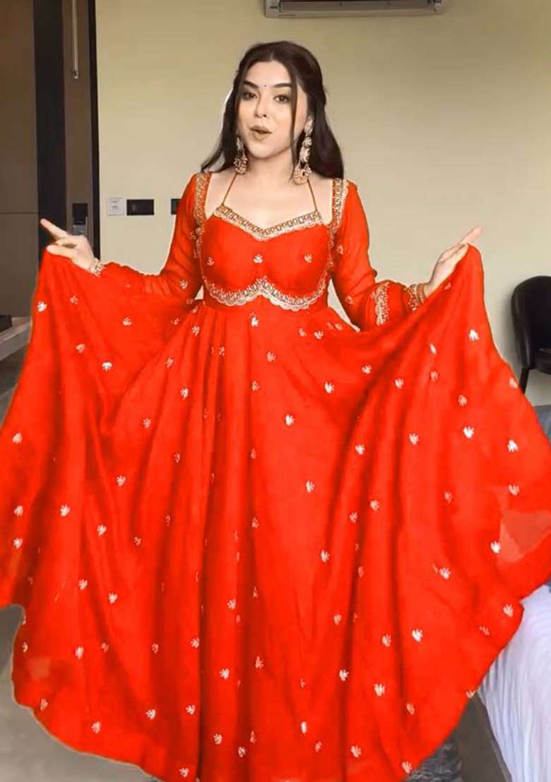 Red Embroidered Georgette Anarkali Set - Indya