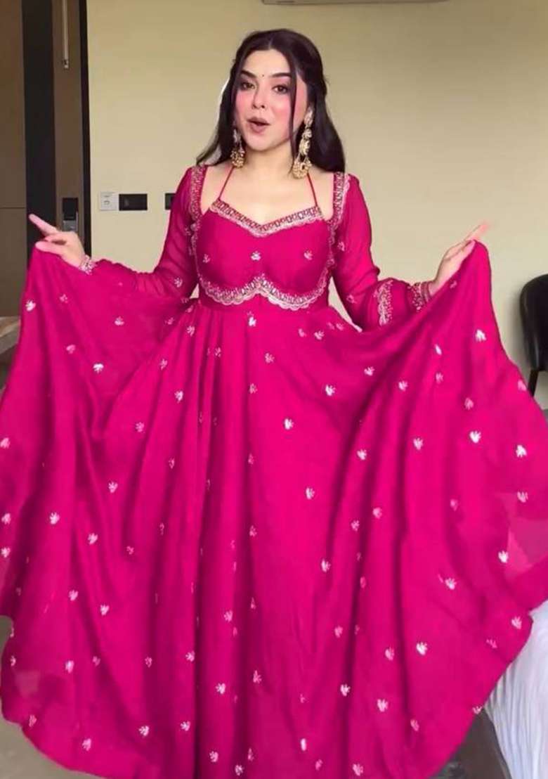 Pink Embroidered Georgette Anarkali Set - Indya