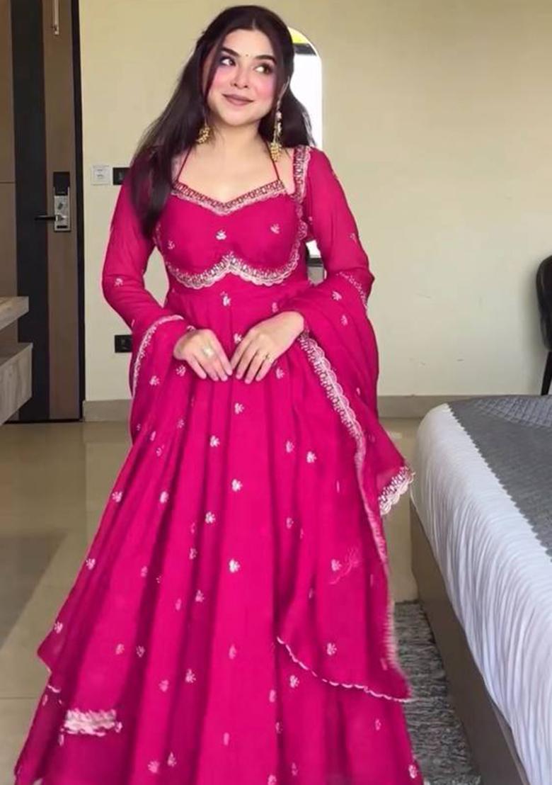 Pink Sequence Georgette Anarkali Set With Dupatta - Indya