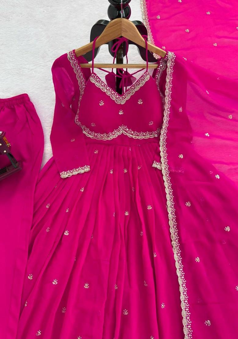 Pink Sequence Georgette Anarkali Set With Dupatta - Indya