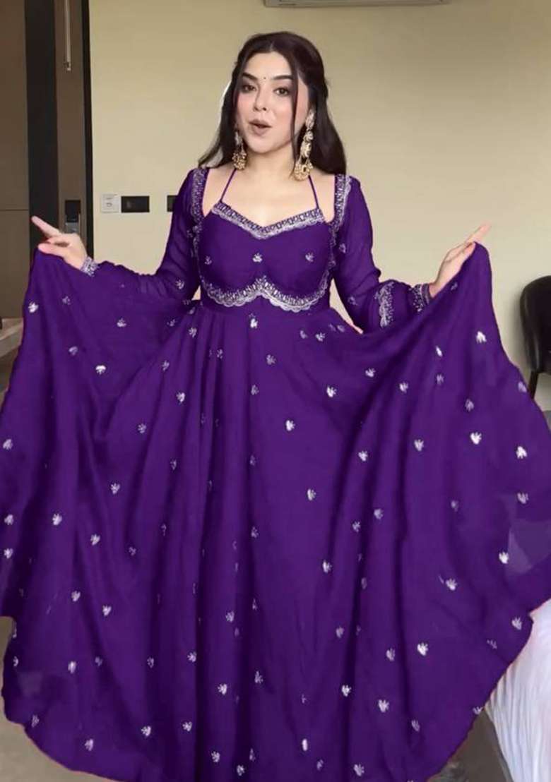 Violet Embroidered Georgette Anarkali Set - Indya