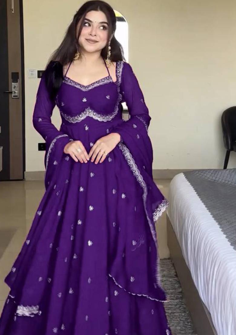 Violet Sequence Georgette Anarkali Set With Dupatta - Indya
