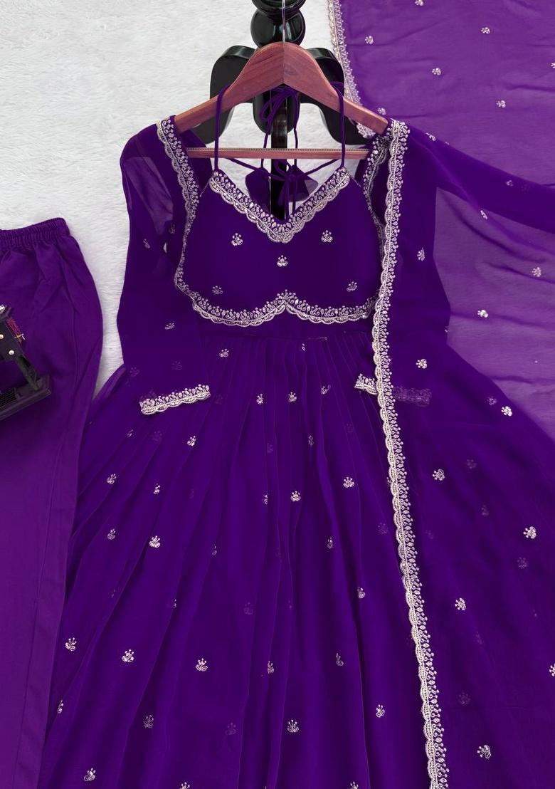 Violet Sequence Georgette Anarkali Set With Dupatta - Indya