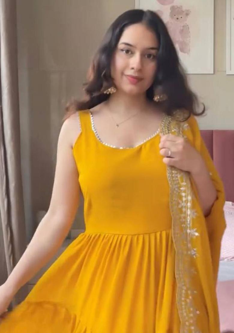 Yellow Lace Work Georgette Gown With Dupatta - Indya