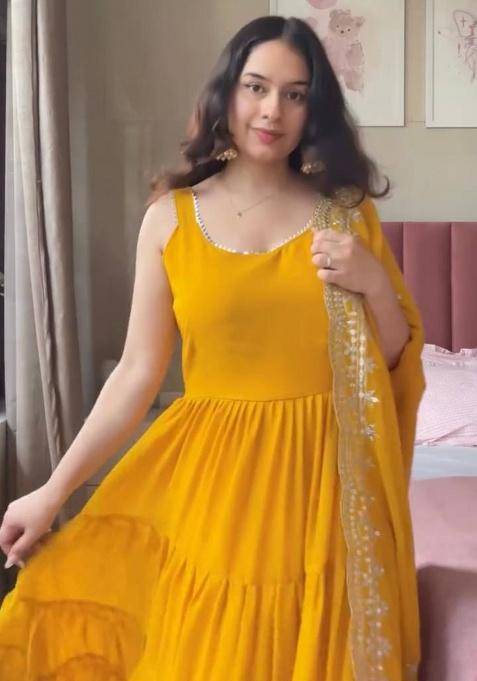 Yellow Lace Work Georgette Gown With Dupatta