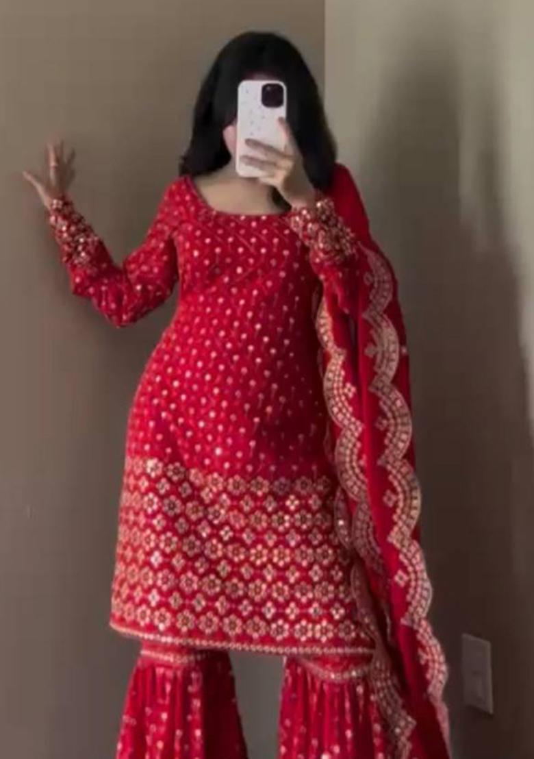 Red Sequence Georgette Sharara Set - Indya