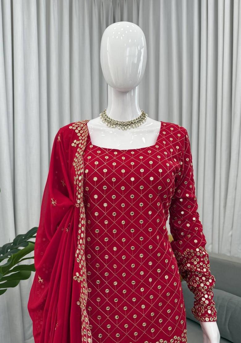 Red Sequence Georgette Sharara Set - Indya
