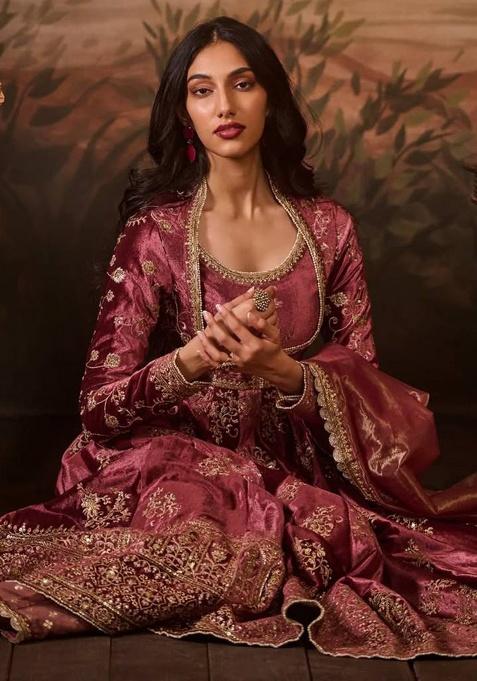 Wine Sequence Silk Gown With Dupatta