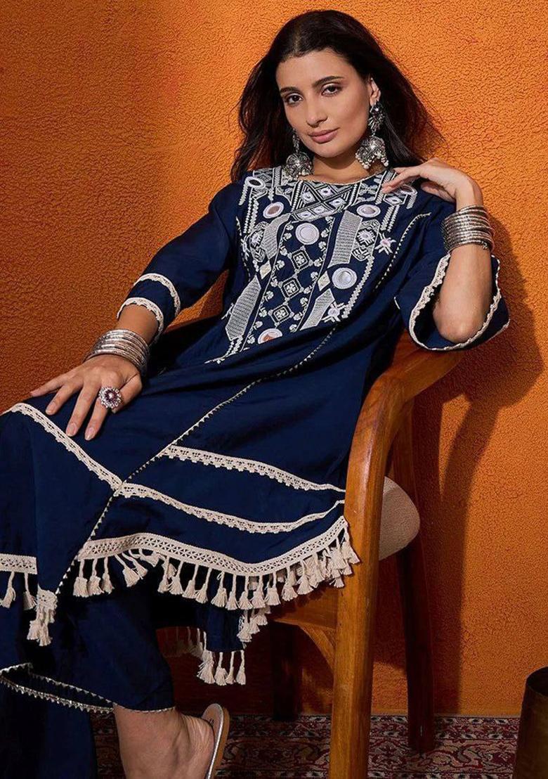 Blue Thread Work Rayon Plazzo Set - Indya