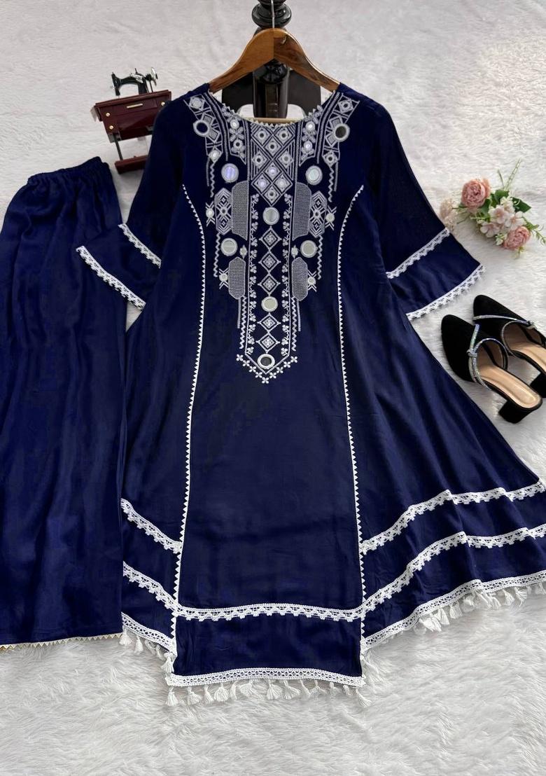 Blue Thread Work Rayon Plazzo Set - Indya