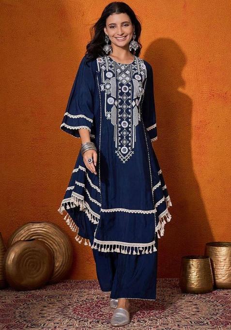 Blue Thread Work Rayon Plazzo Set