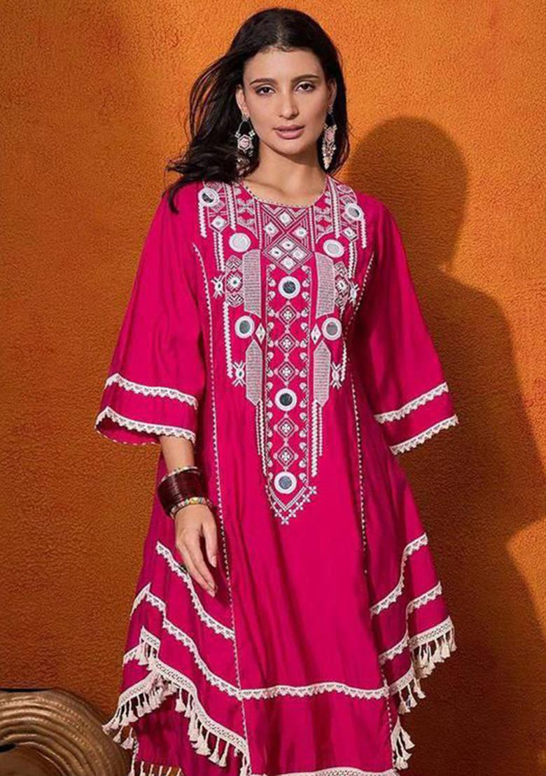 Pink Thread Work Rayon Plazzo Set - Indya