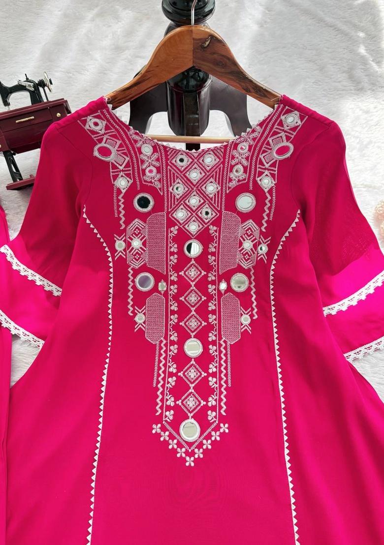 Pink Thread Work Rayon Plazzo Set - Indya