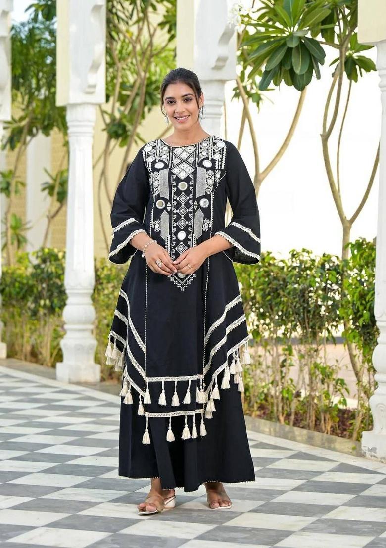 Black Thread Work Rayon Plazzo Set - Indya