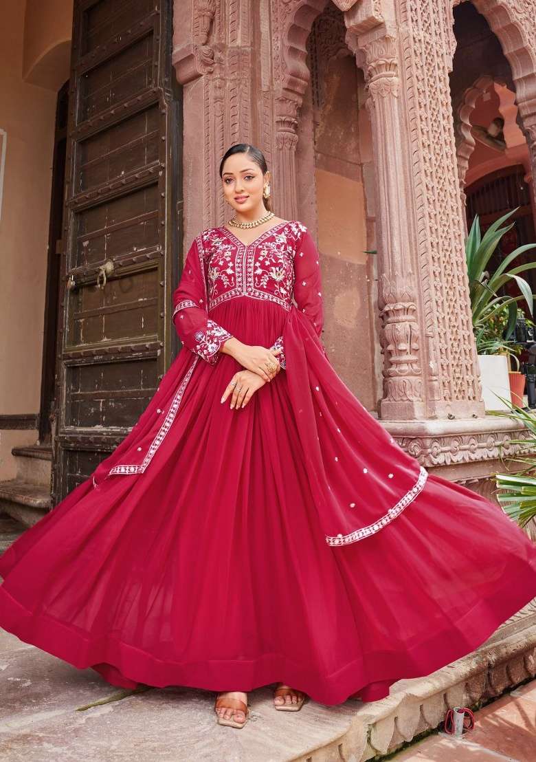 Red Embroidered Georgette Anarkali Set - Indya