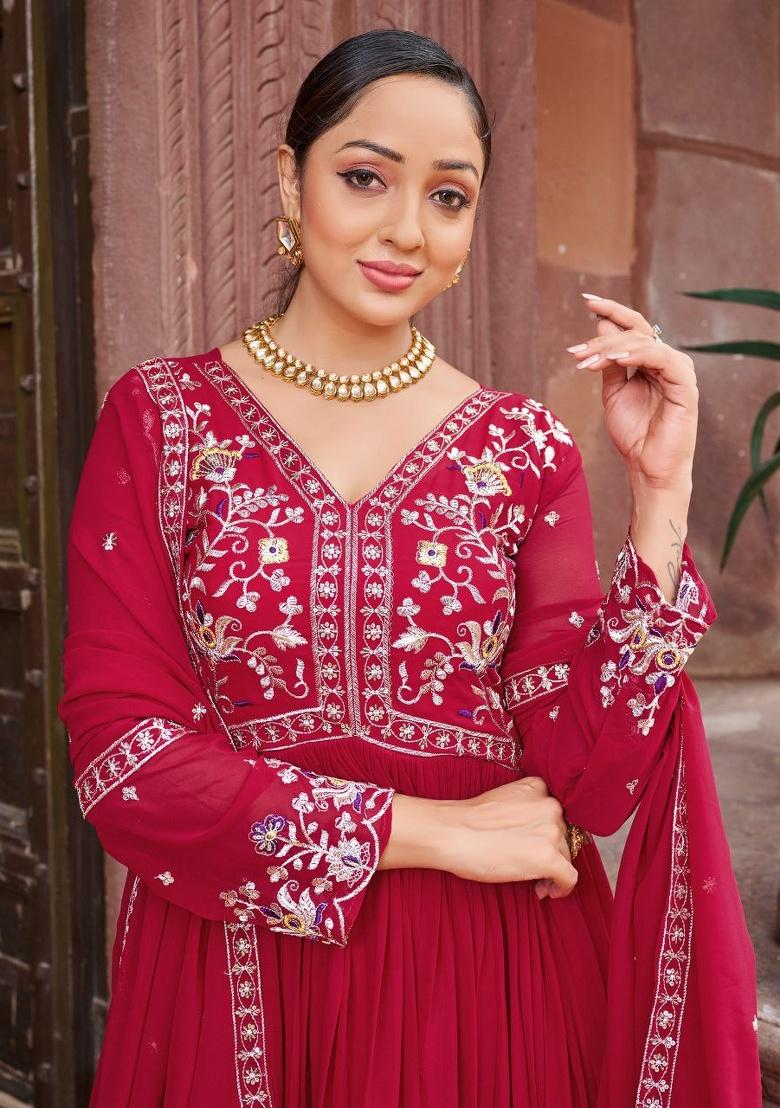 Red Sequence Georgette Gown With Dupatta - Indya