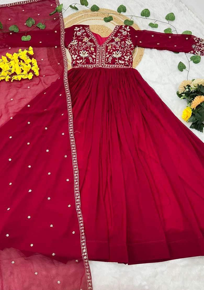 Red Embroidered Georgette Anarkali Set - Indya