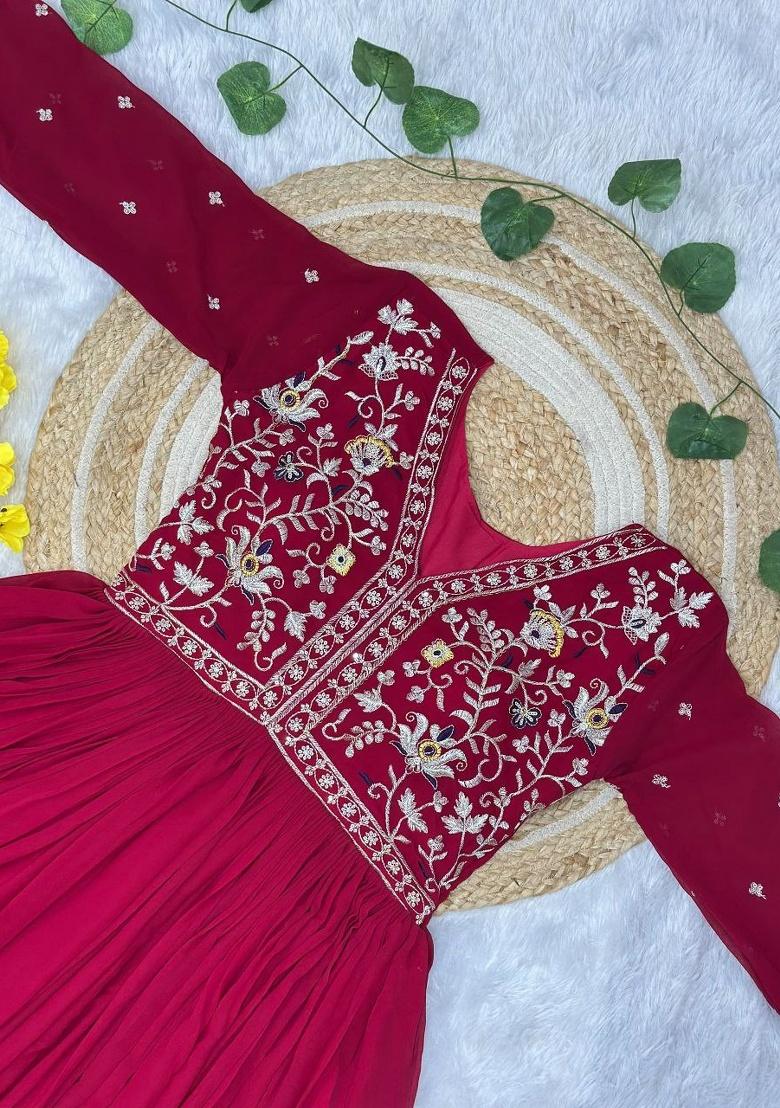 Red Sequence Georgette Gown With Dupatta - Indya