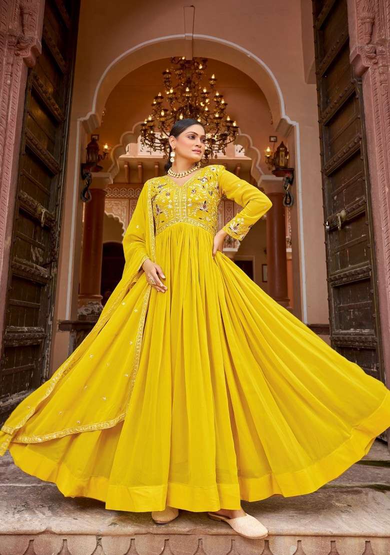 Yellow Embroidered Georgette Anarkali Set - Indya