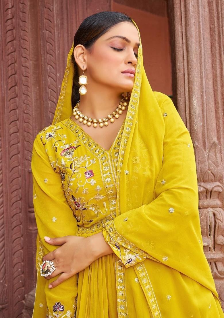 Yellow Sequence Georgette Gown With Dupatta - Indya