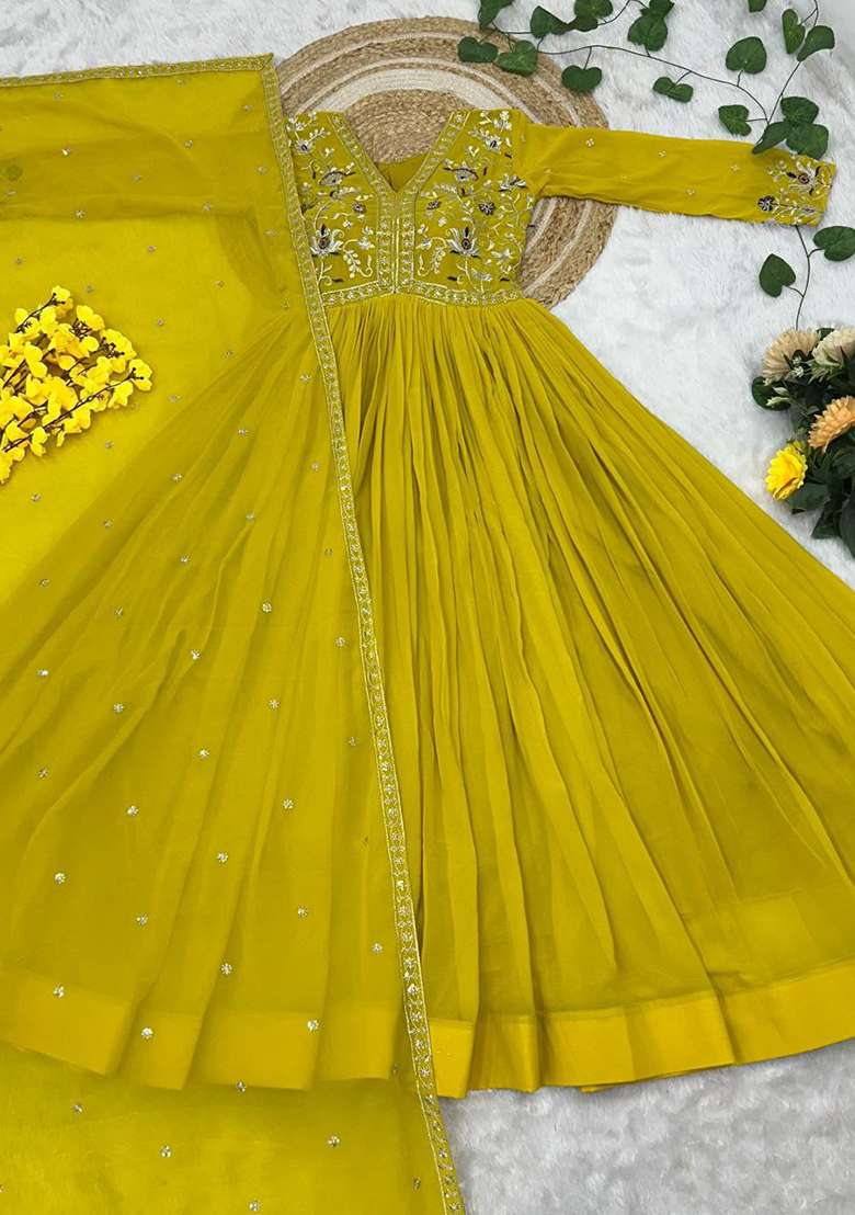Yellow Embroidered Georgette Anarkali Set - Indya