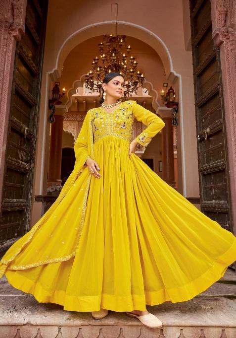Yellow Sequence Georgette Gown With Dupatta