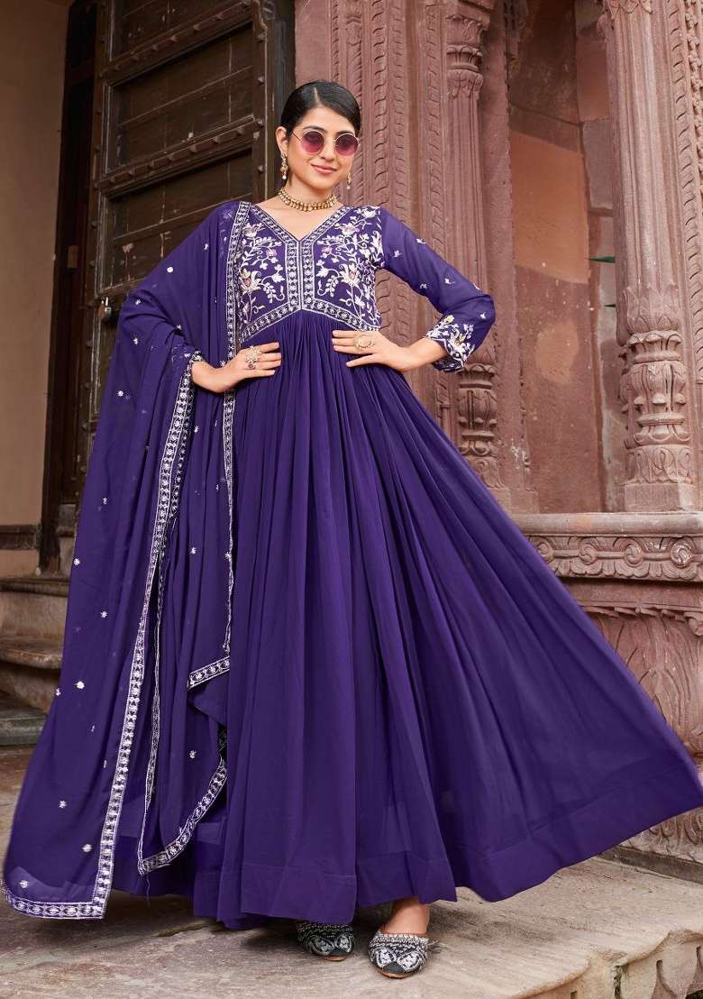 Purple Embroidered Georgette Anarkali Set - Indya