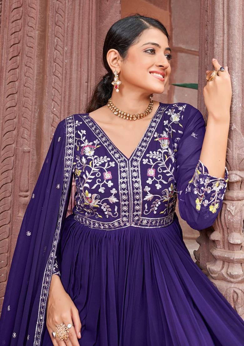 Purple Sequence Georgette Gown With Dupatta - Indya