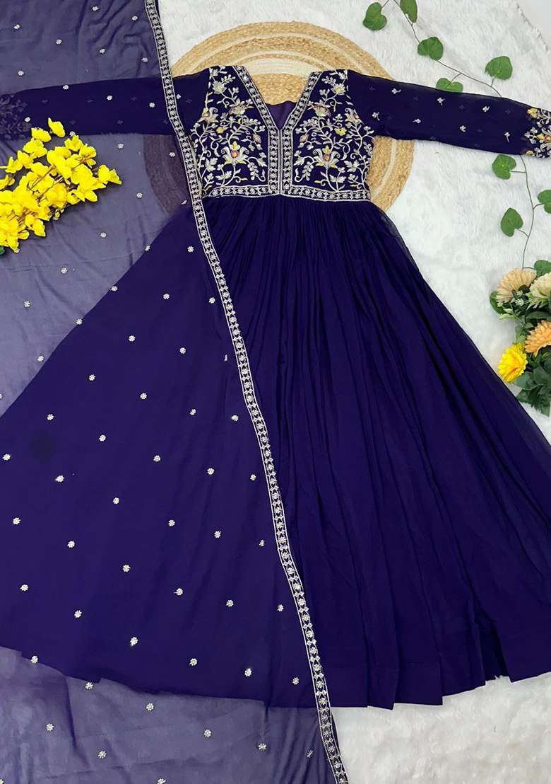 Purple Embroidered Georgette Anarkali Set - Indya