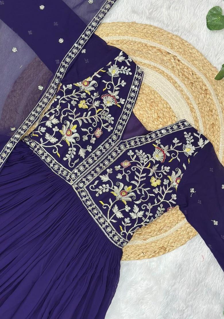 Purple Sequence Georgette Gown With Dupatta - Indya