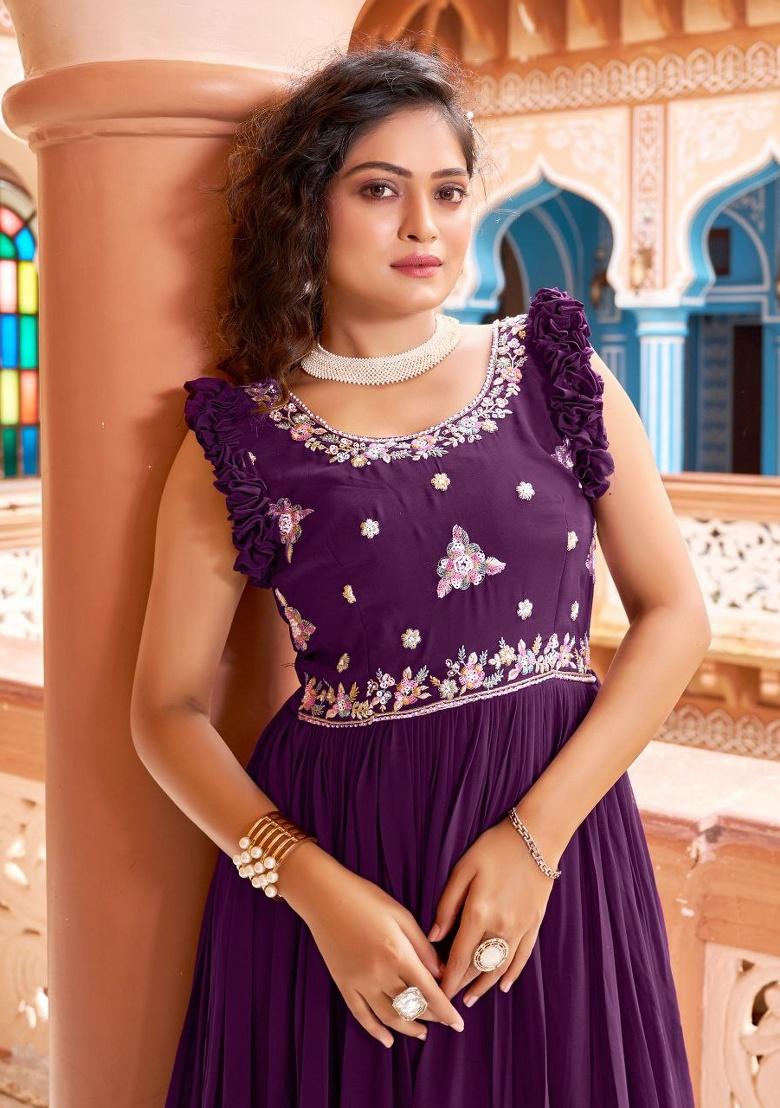 Wine Sequence Georgette Gown - Indya