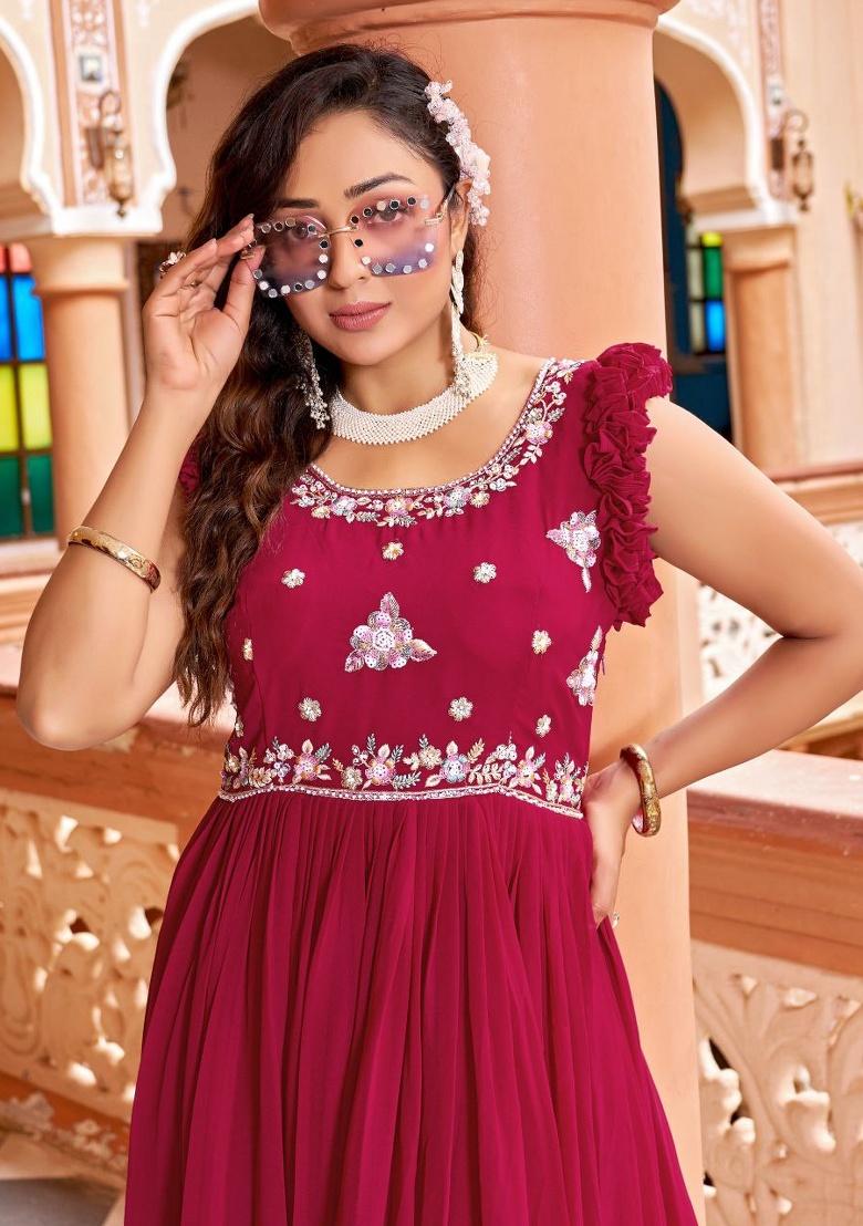 Rani Pink Sequence Georgette Gown - Indya