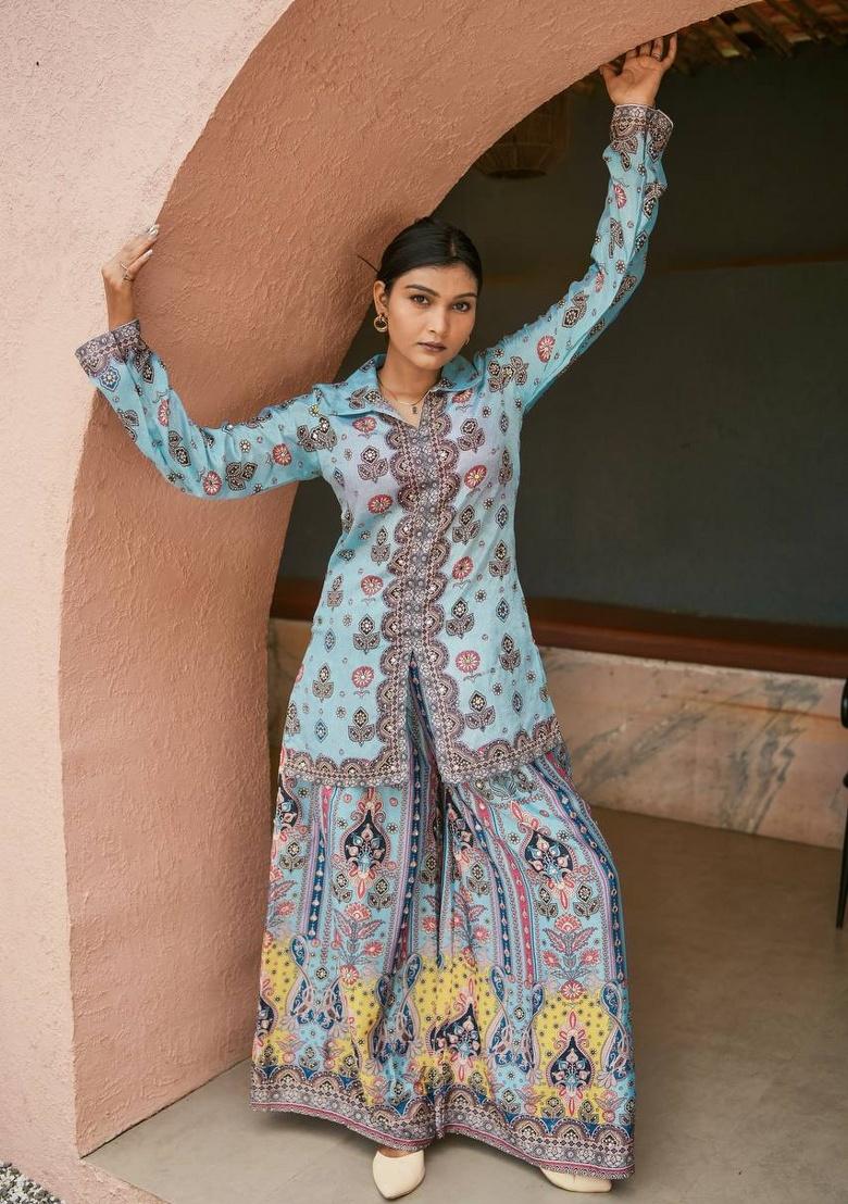 Sky Blue Digital Print Silk Plazzo Set - Indya