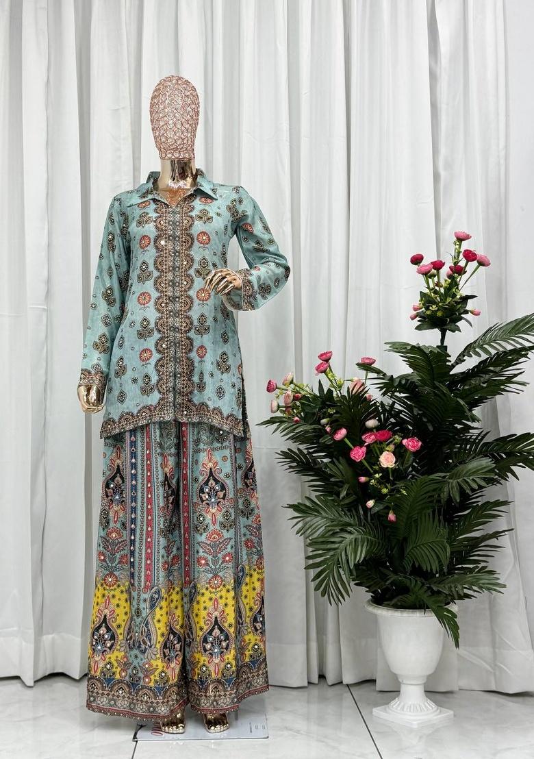 Sky Blue Digital Print Silk Plazzo Set - Indya