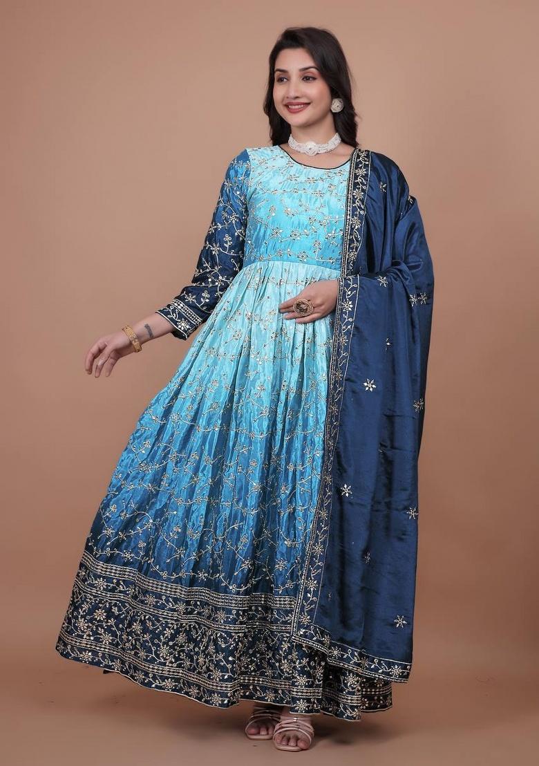 Sky Blue Embroidery Silk Gown With Dupatta - Indya
