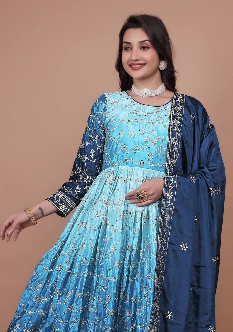 Sky Blue Embroidery Silk Gown With Dupatta - Indya