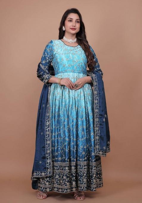 Sky Blue Embroidery Silk Gown With Dupatta